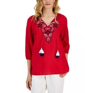 Linen Charter Club Luxury Women's Linen Embroidered 3/4-Sleeve Top Size XL Red